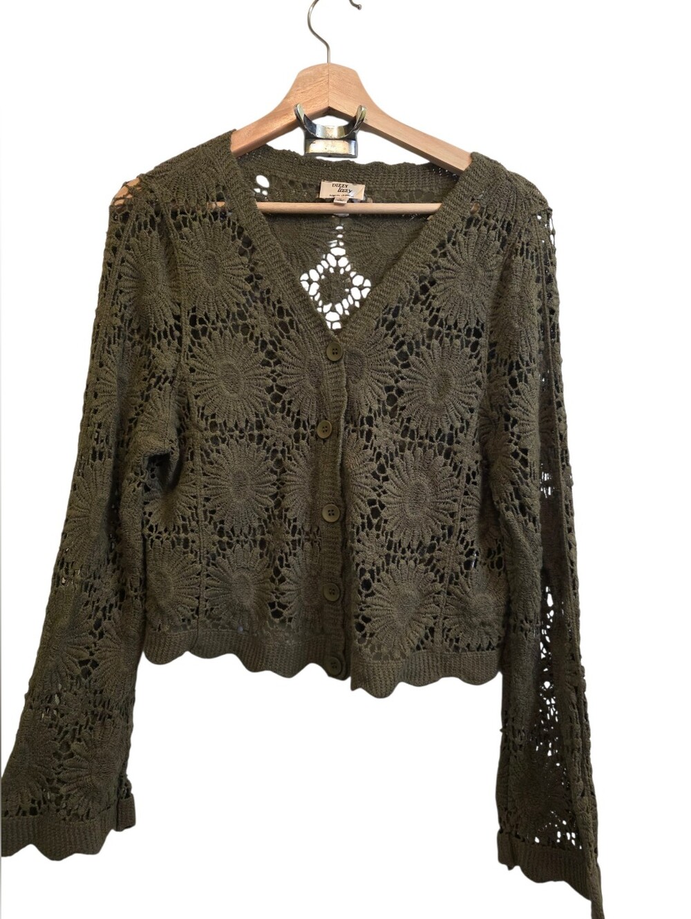 Dizzy Lizzy EUC 100% Cotton Green Daisy Crochet Bell Sleeve Cardigan Sweater SzM